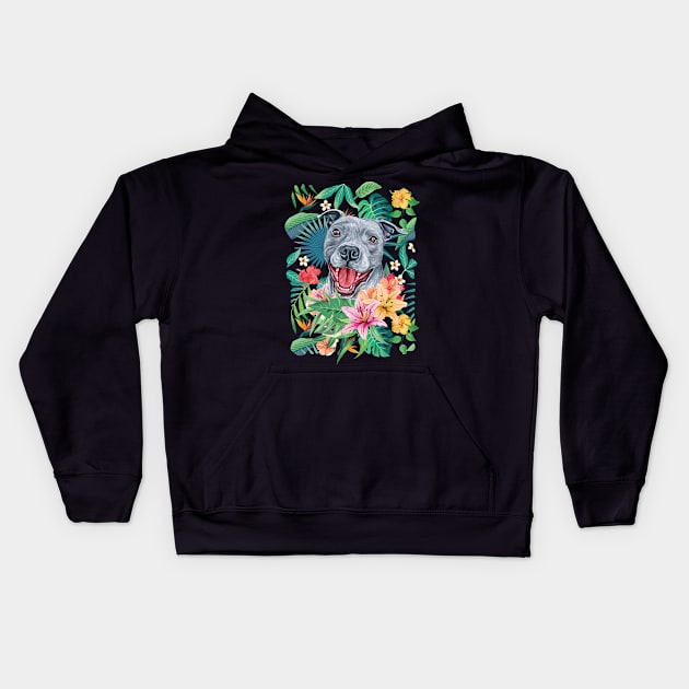 Tropical Blue Pit Bull Pitbull Kids Hoodie by LulululuPainting